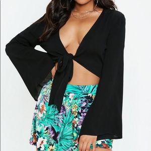 Missguided black tie front flare sleeve crop top